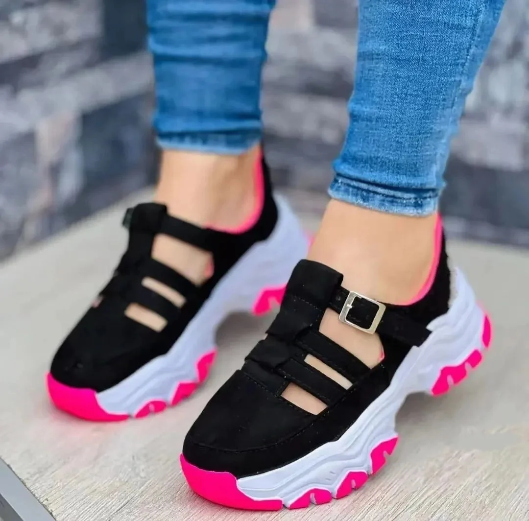 Chunky Soled Paneled Suede Cutout Sneakers - Image 3