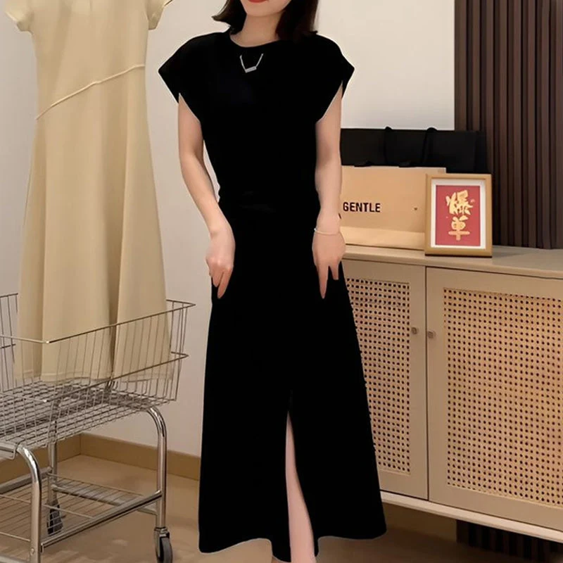 Elegant Solid Color Waist Tie Side Split Dress - Image 2