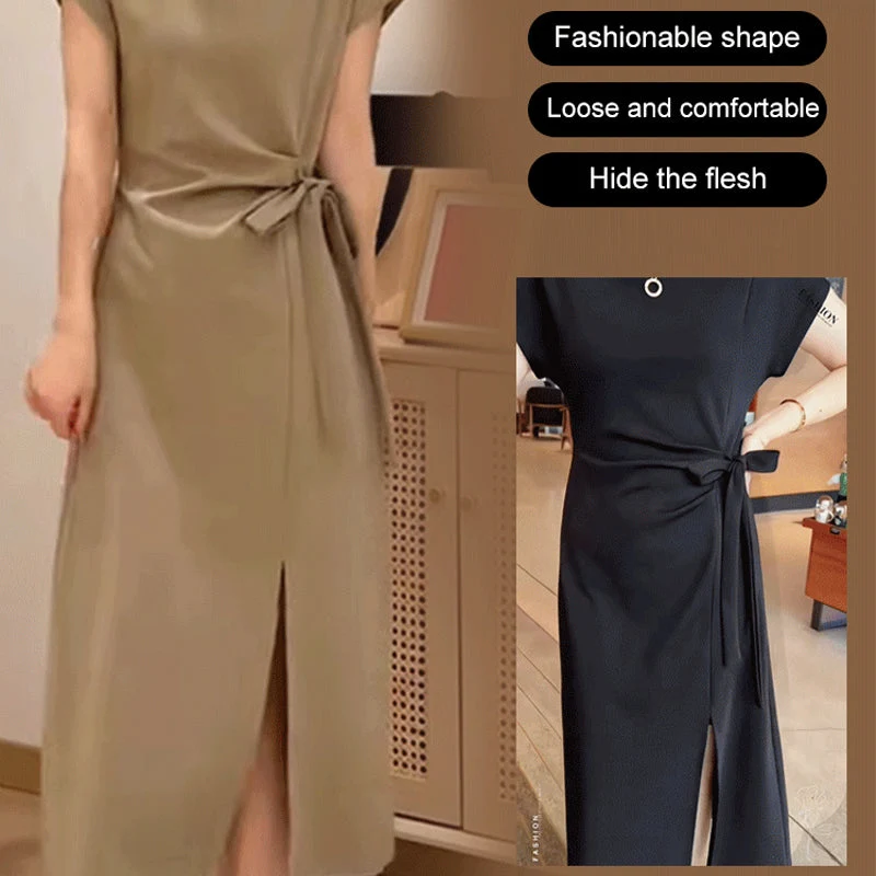 Elegant Solid Color Waist Tie Side Split Dress - Image 3