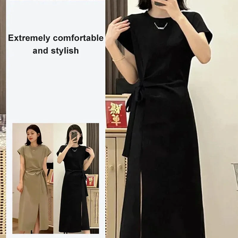 Elegant Solid Color Waist Tie Side Split Dress - Image 5