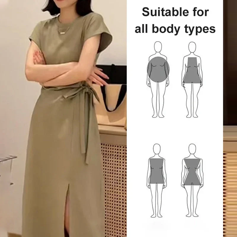 Elegant Solid Color Waist Tie Side Split Dress - Image 6