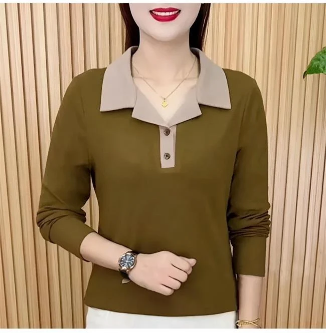Fashionable turndown collar color splicing long-sleeved top - Image 6