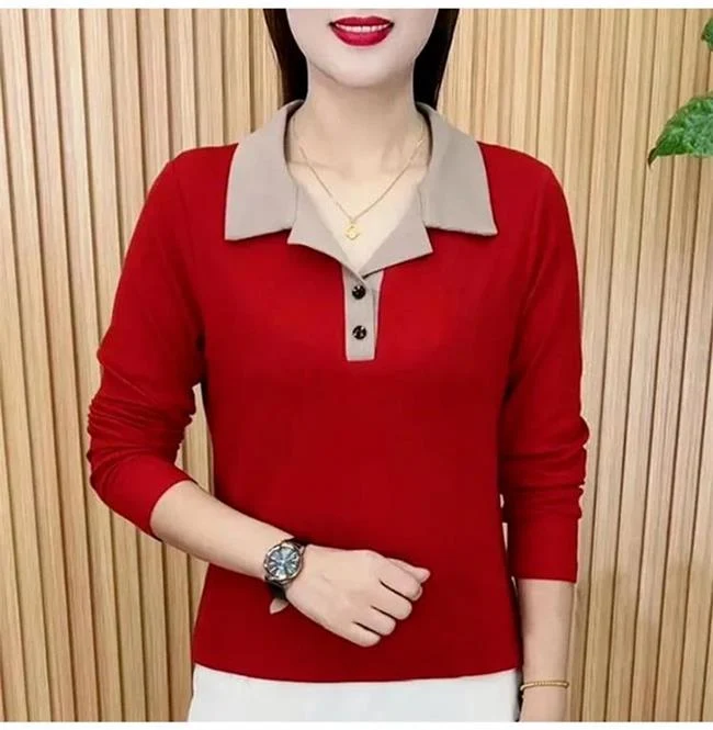 Fashionable turndown collar color splicing long-sleeved top - Image 7