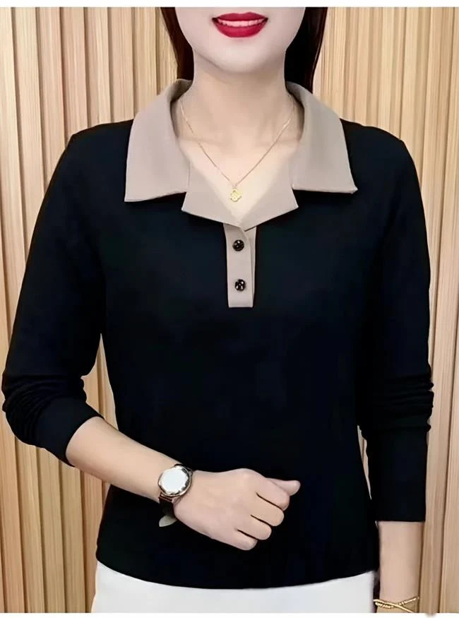 Fashionable turndown collar color splicing long-sleeved top - Image 8