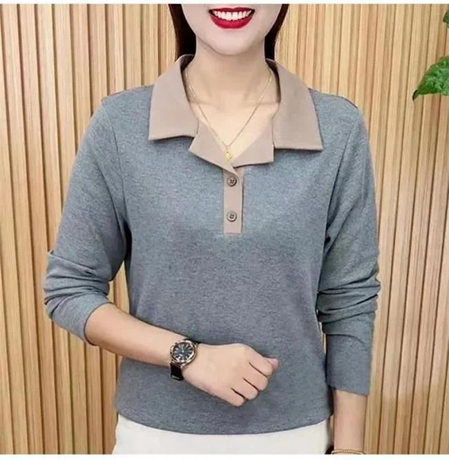 Fashionable turndown collar color splicing long-sleeved top - Image 9