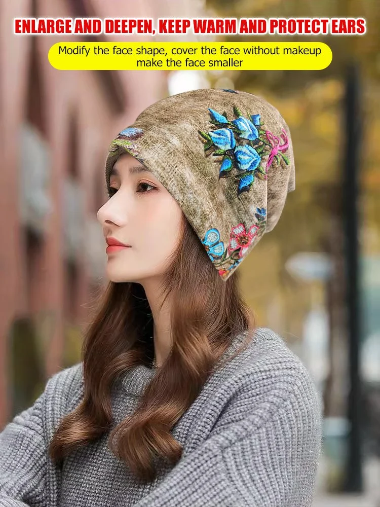 Versatile knitted pile hat with small embroidered flowers that show your face - Image 2