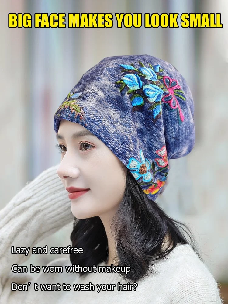 Versatile knitted pile hat with small embroidered flowers that show your face - Image 3