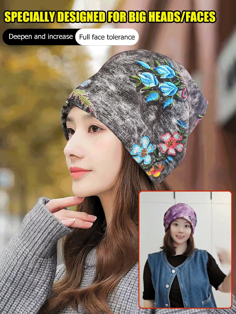 Versatile knitted pile hat with small embroidered flowers that show your face - Image 4