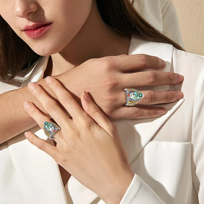 Turquoise Six-character Mantra Nine-eyed Dzi Bead Ring - Image 5