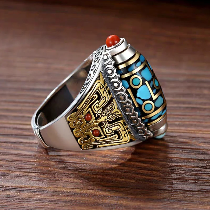 Turquoise Six-character Mantra Nine-eyed Dzi Bead Ring - Image 7