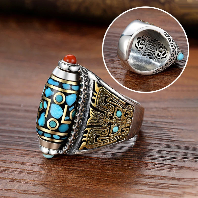 Turquoise Six-character Mantra Nine-eyed Dzi Bead Ring - Image 8