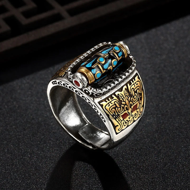 Turquoise Six-character Mantra Nine-eyed Dzi Bead Ring - Image 9