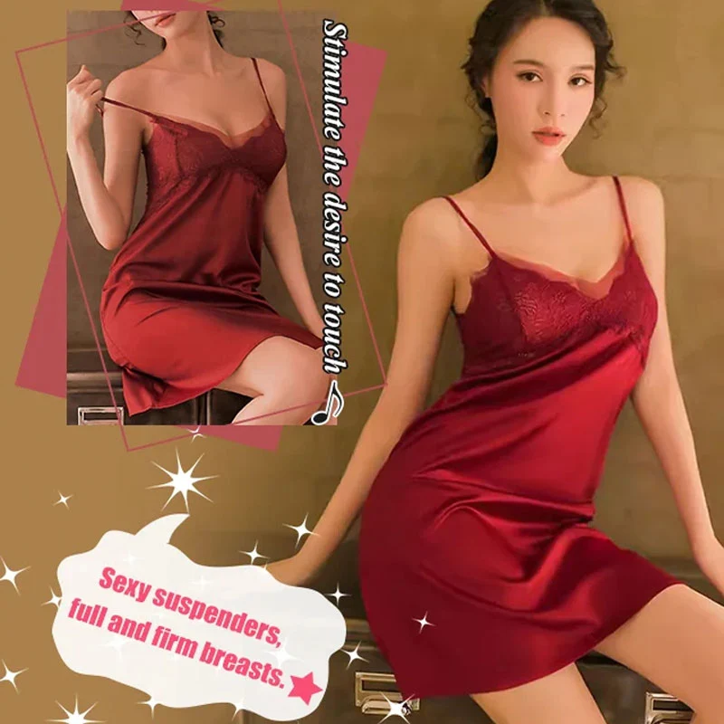 Sexy Lace Silky Smooth Suspender Nightgown Built-in Chest Pads - Image 6