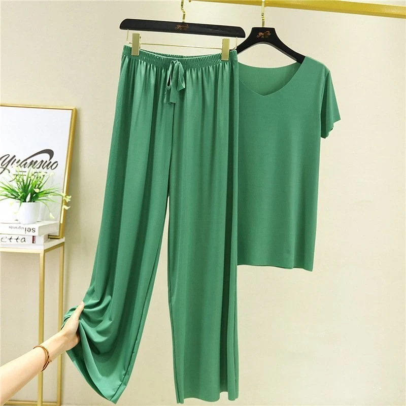 Soft Comfortable Ice Silk Short Sleeve T-Shirt Two Piece Set Loose Wide-leg Pants - Image 11